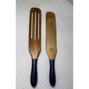 MAD Hungry Wood Spatula Set Slotted Turner Bamboo Kitchen Utensils Blue Handle